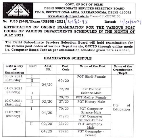DSSSB PGT Teacher Advt No. 04/2020 Admit Card