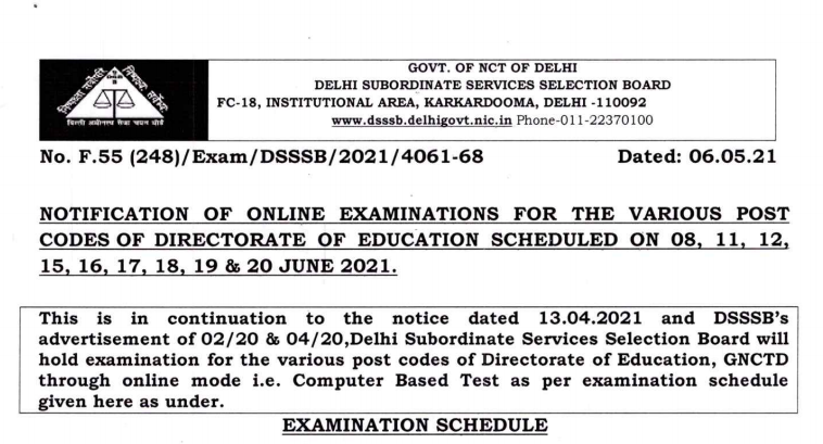 DSSSB PGT Teacher Advt No. 02/2020 Admit Card
