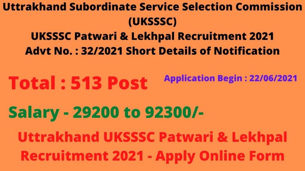 UKSSSC Patwari and Lekhpal Online Form 2021